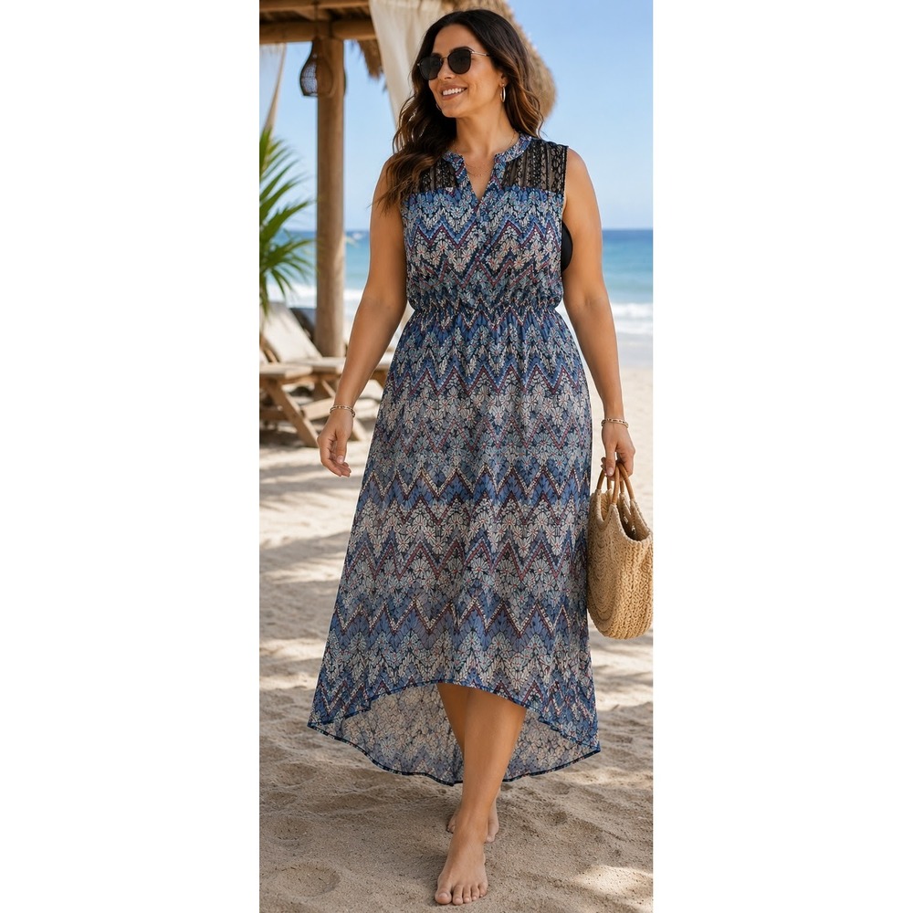 Sheer Chevron Print High-Low Beach Cover Up Maxi Dress 2X Resort Vacation Beach